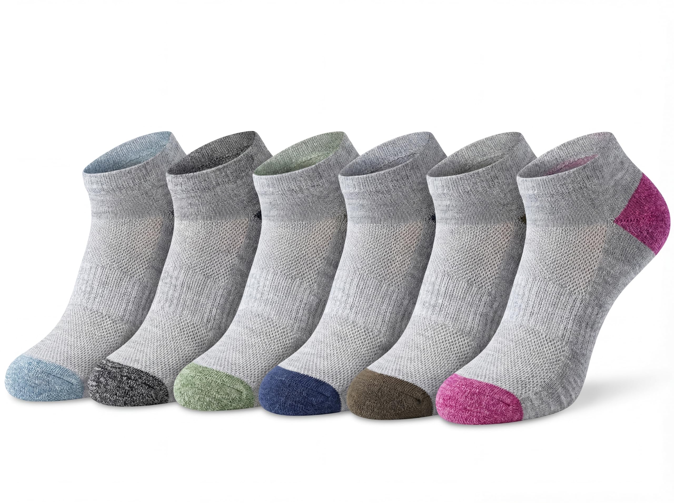 Six low-cut ankle socks arranged in a row on a white background, each in a different colorway with a heather gray ribbed body and contrasting toe and heel colors including blue, gray, green, navy, brown, and pink.