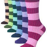 Tipi Toe 6 Pairs Women's Ragg Cotton Vibrant Colored Striped Patterned Lightweight Crew Boot Socks