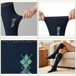 Collage of navy blue socks with geometric patterns, worn and close-up views.