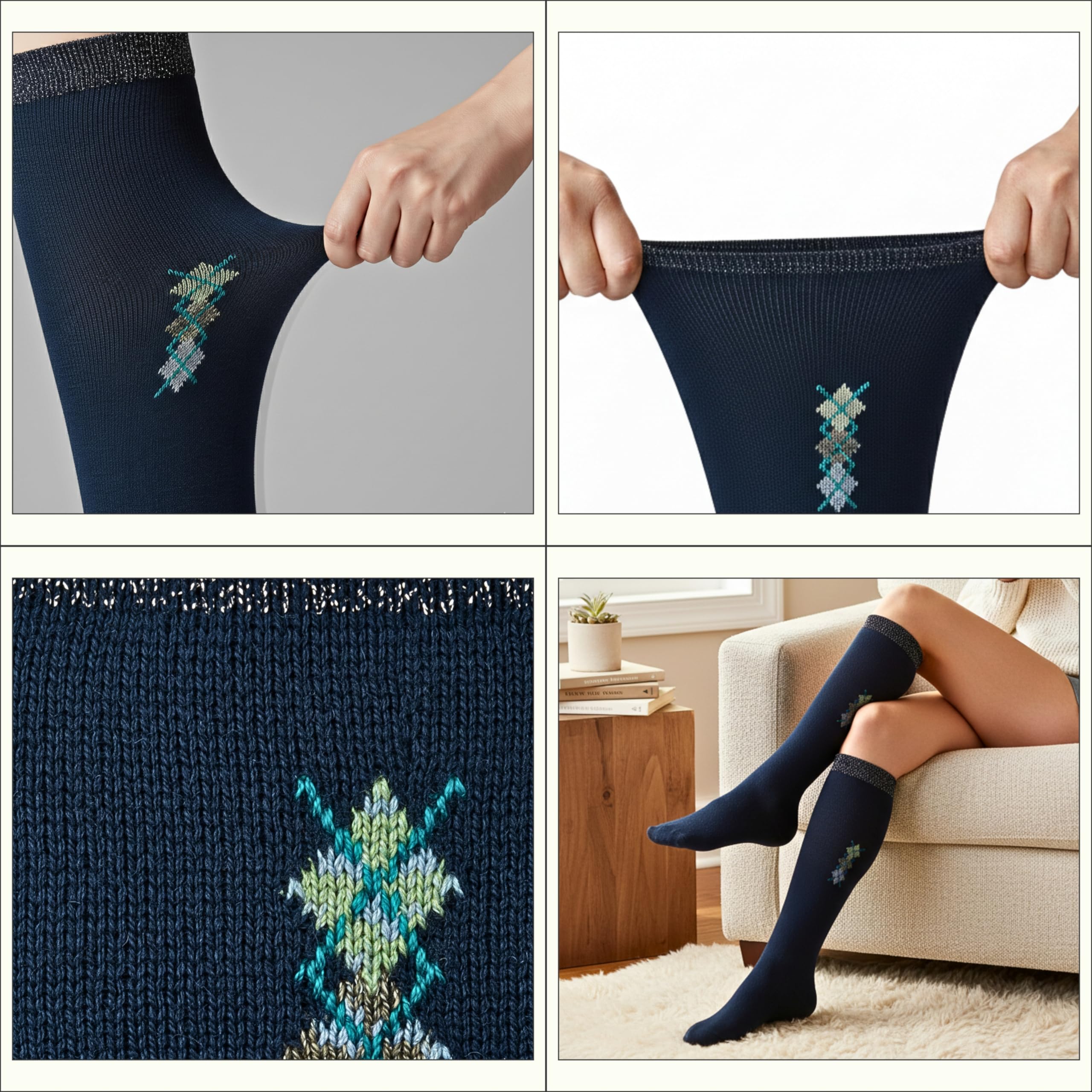 Collage of navy blue socks with geometric patterns, worn and close-up views.