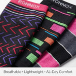 Three pairs of Ronnox athletic socks stacked diagonally, showcasing different color patterns including pink, black, purple, red, green, and orange geometric designs. A white banner at the bottom reads 'Breathable • Lightweight • All-Day Comfort'.