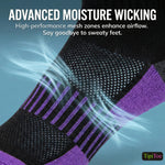 Black and purple sock with moisture wicking text on a blue background