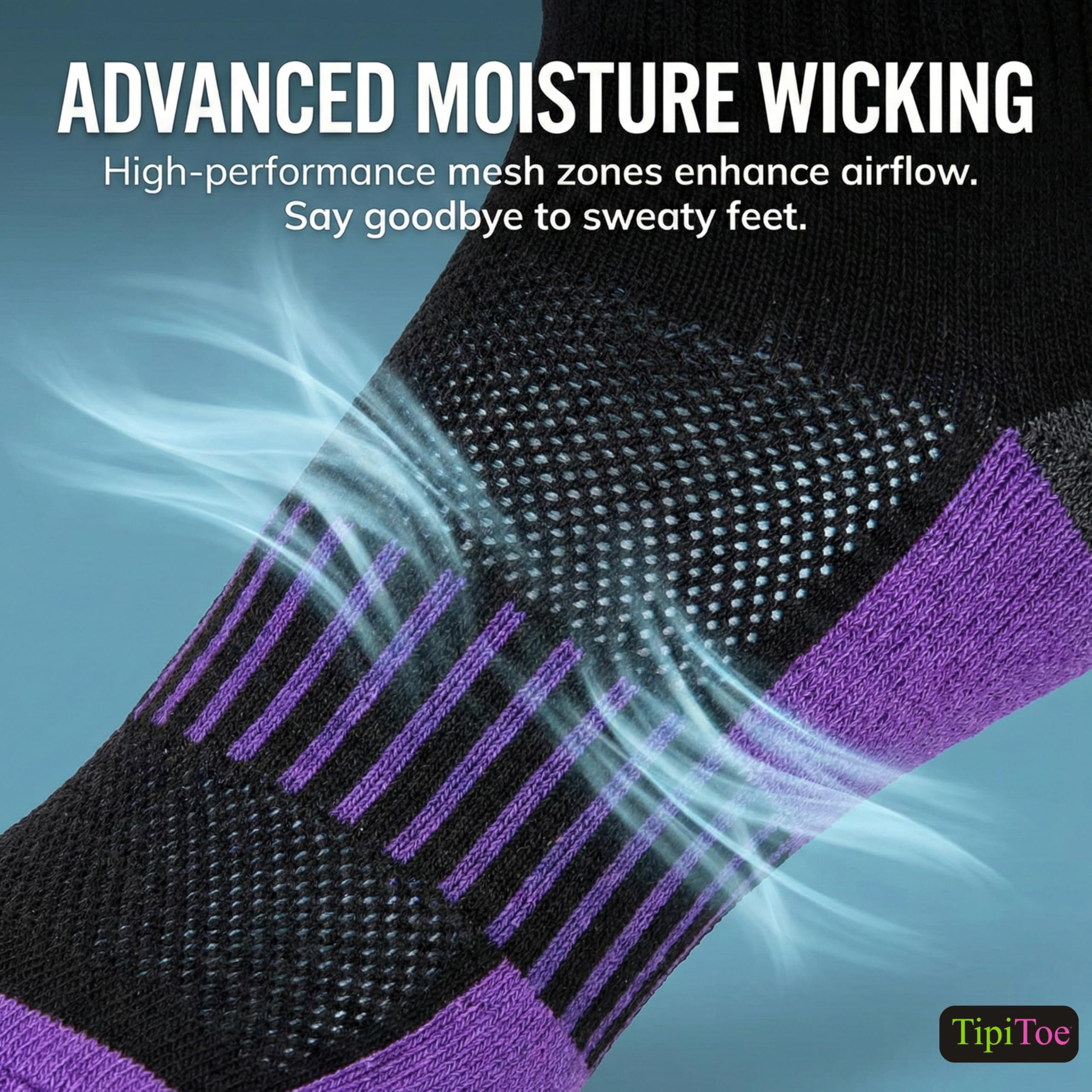 Black and purple sock with moisture wicking text on a blue background