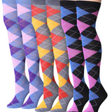 Isadora Paccini Women's 3 Pairs Vibrant Argyle Fusion Blue Pinkish Red-Yellow Grey Black Blue-Violet Over The Knee High Socks