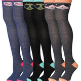 Isadora Paccini Women's 3 Pairs Mystical Feline Trio Dark Blue Black with Cat Face Accents Over The Knee High Socks