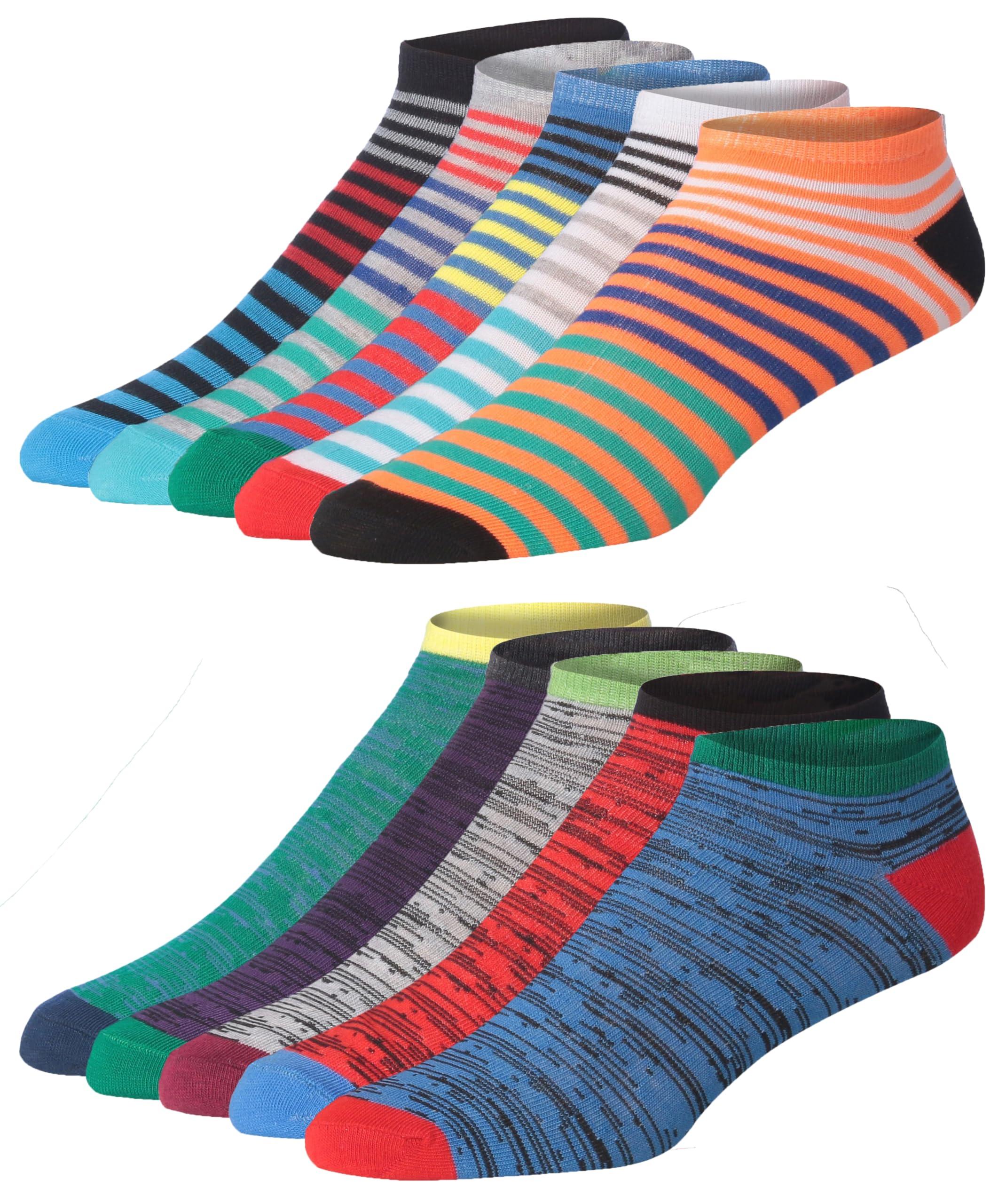 JAMES FIALLO Men's 10 Pairs Classy Extra Lightweight Vivid Stripe Mix Colorful Patterned Low Cut/No Show Socks - Tipi Toe Socks
