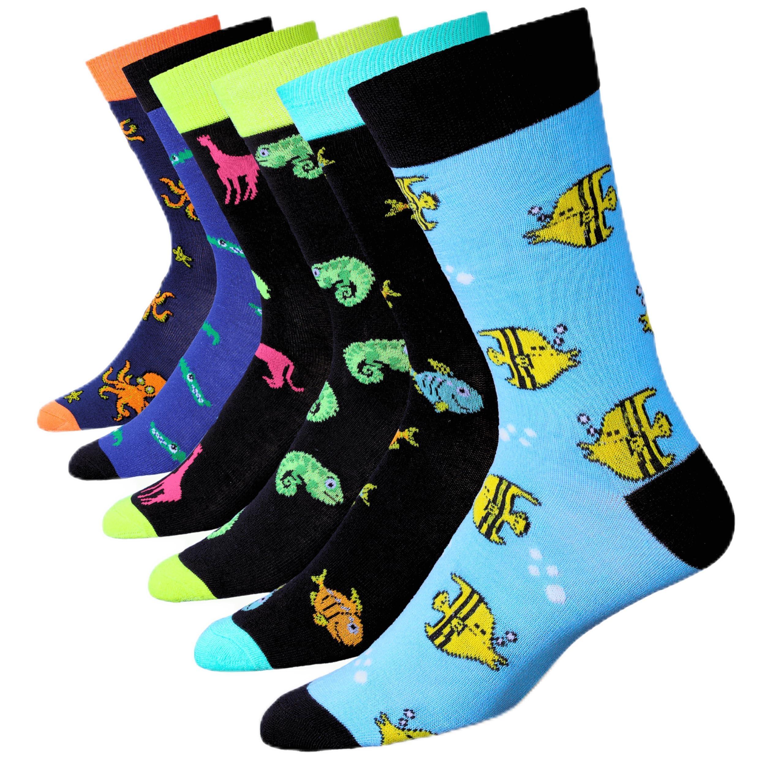 JAMES FIALLO Mens 6-Pairs Funky Novelty Jurassic Jewel Colorful Patterened Crew Dress Socks - Tipi Toe Socks