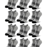 Multiple pairs of gray ankle socks with black toes and heels on a white background