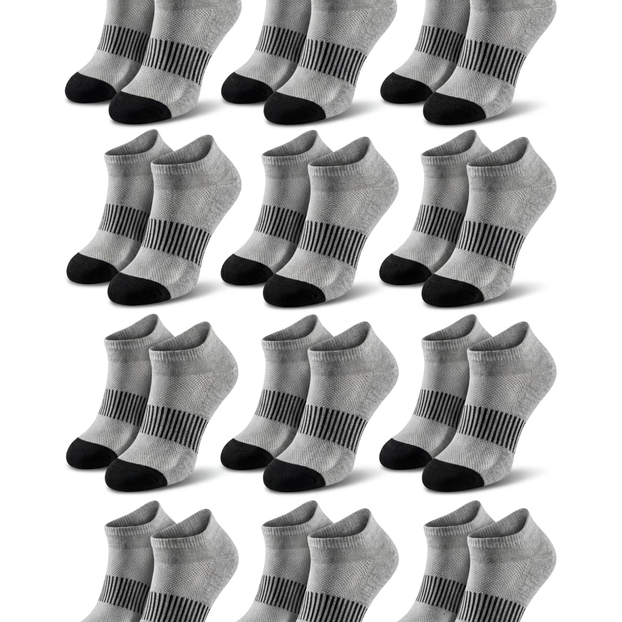 Multiple pairs of gray ankle socks with black toes and heels on a white background
