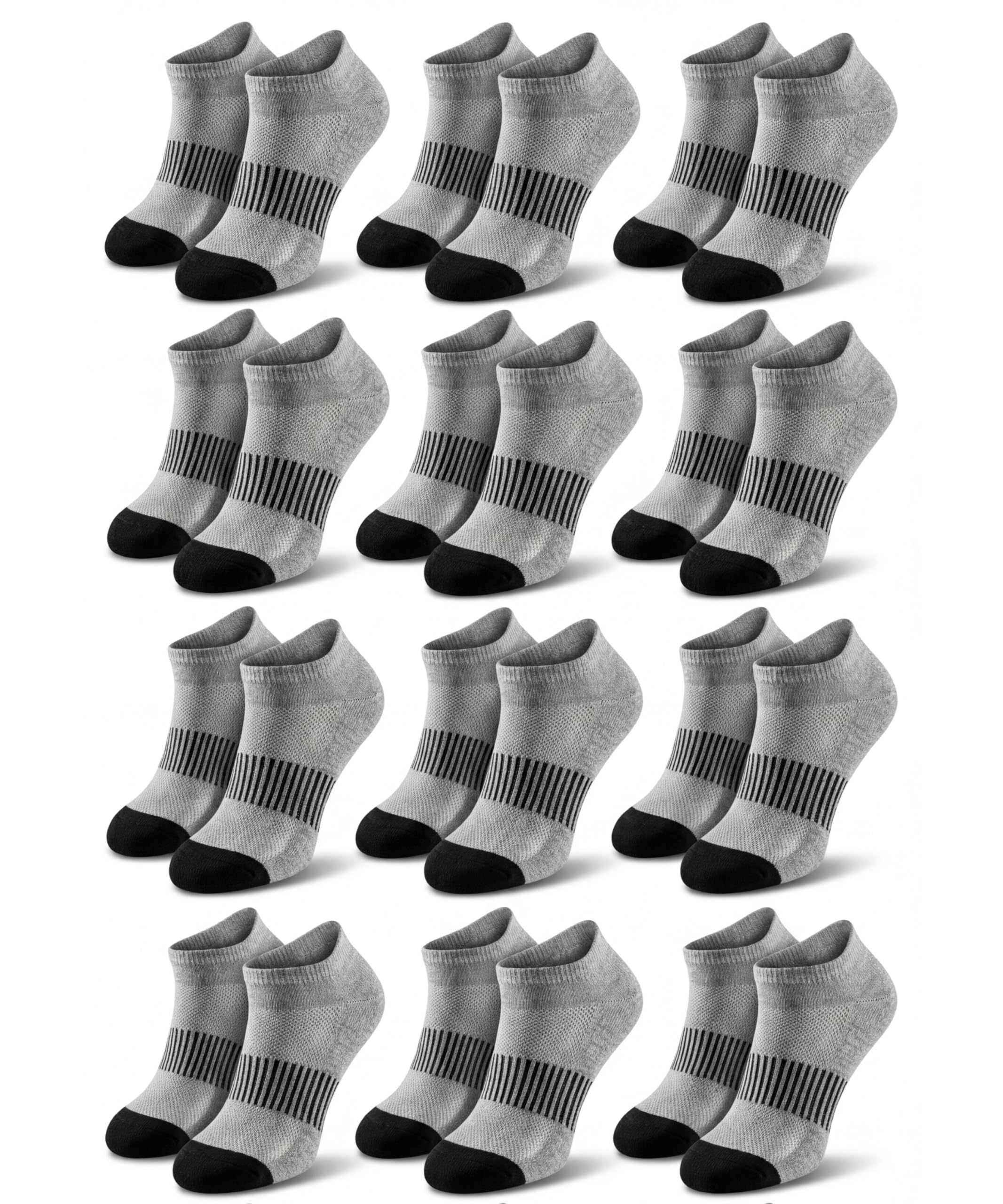 Multiple pairs of gray ankle socks with black toes and heels on a white background