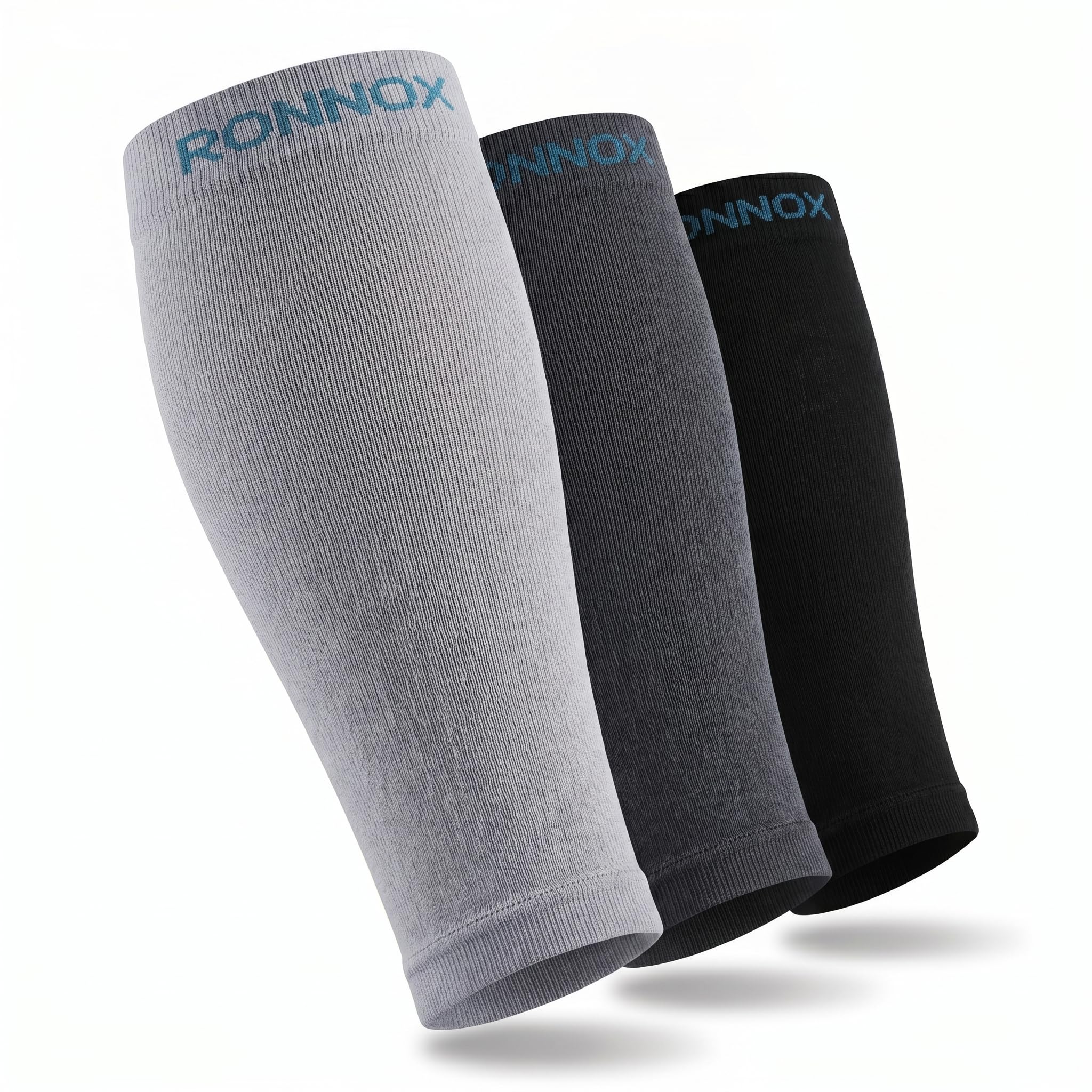 Three ribbed compression sleeves in light gray, dark gray, and black, each with the brand name 'RONNOX' printed in blue at the top cuff, shown on a white background.