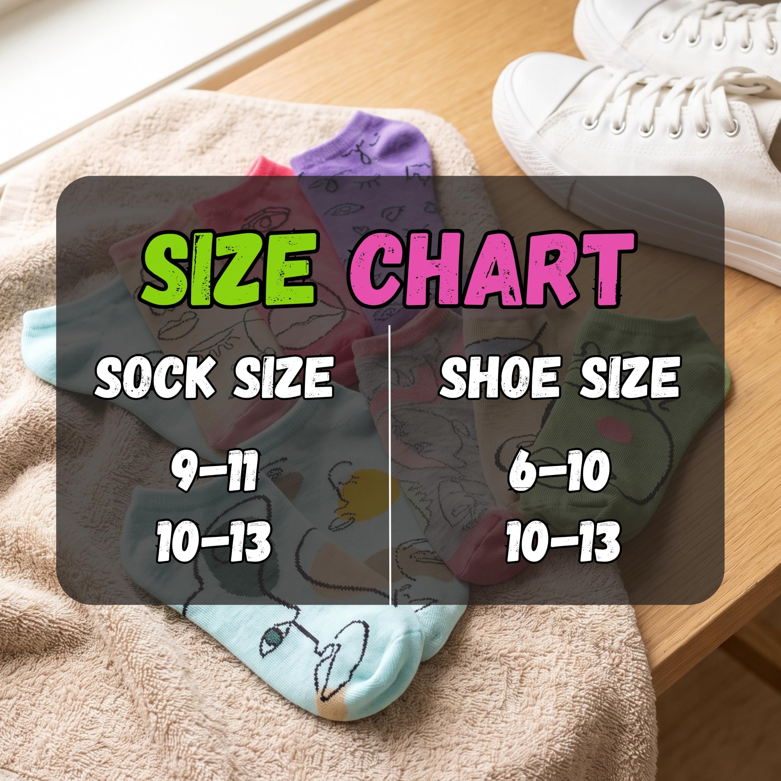 A size chart graphic overlaid on a photo of several colorful socks on a beige towel, with white sneakers on a wooden floor in the background. The chart reads 'SIZE CHART' and lists sock size ranges alongside shoe size ranges.