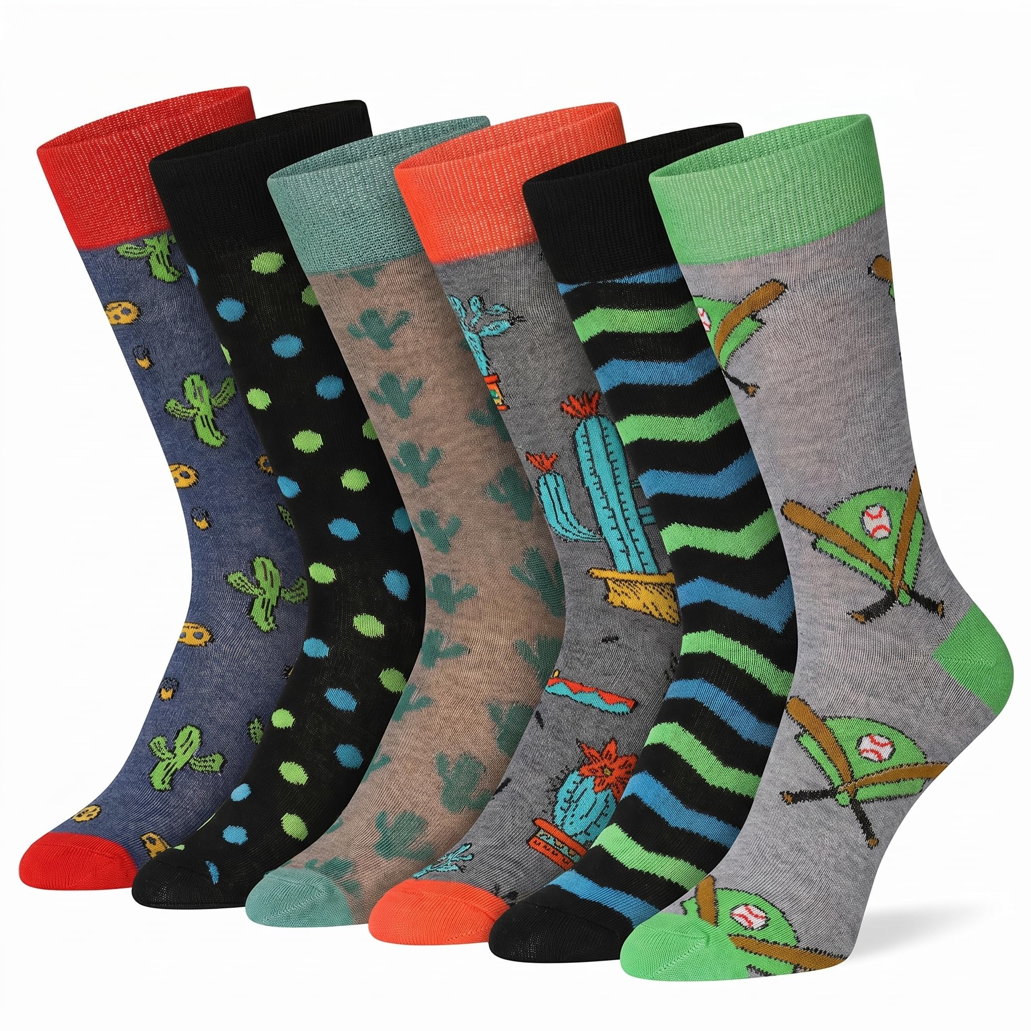 Six pairs of crew socks with colorful cartoon cactus and baseball-themed patterns, displayed in a fan shape against a white background.