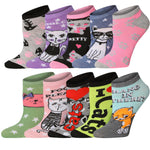 Eight pairs of ankle socks with various colorful cat-themed designs, shown in a two-row grid on a plain white background.