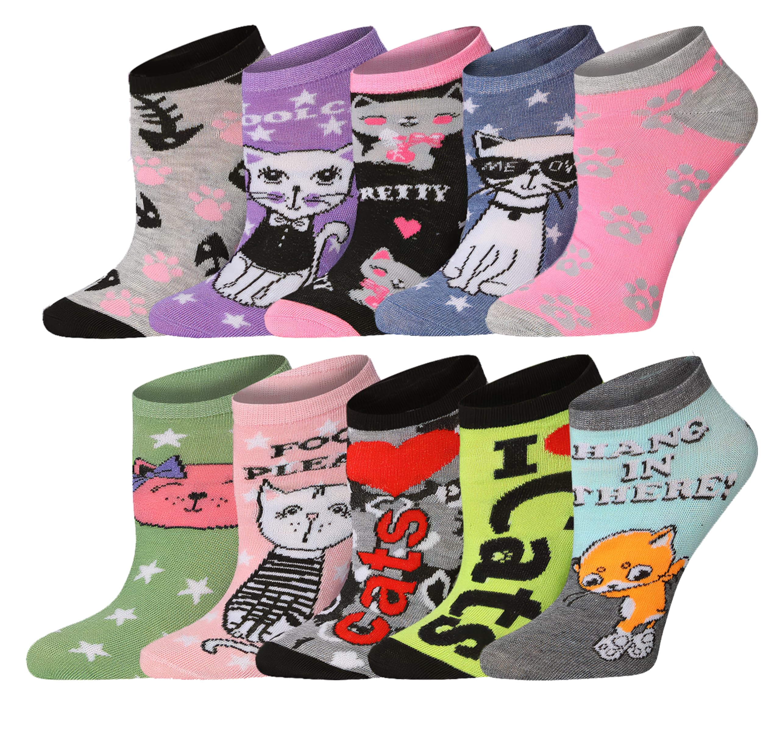 Eight pairs of ankle socks with various colorful cat-themed designs, shown in a two-row grid on a plain white background.
