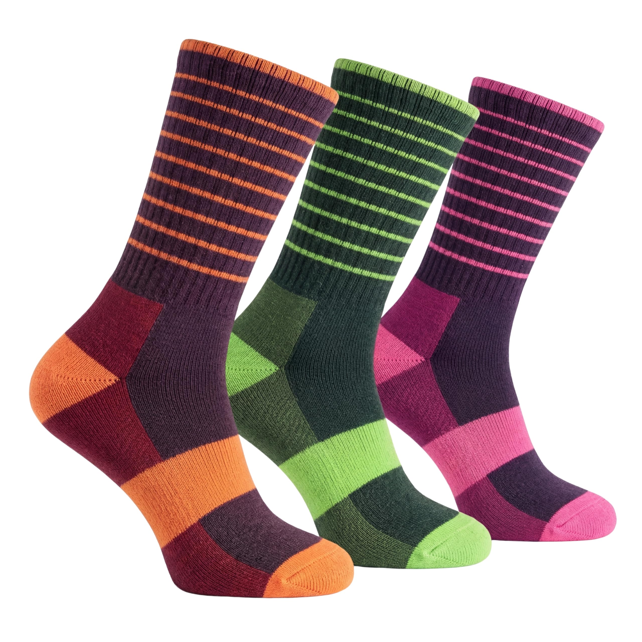 Three pairs of colorful striped socks on a white background