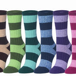 Six pairs of striped crew socks in different colorways, arranged side by side against a plain white background. The colors include dark brown and beige, green and lime green, teal and aqua, navy and blue, lavender and purple, and pink and magenta.