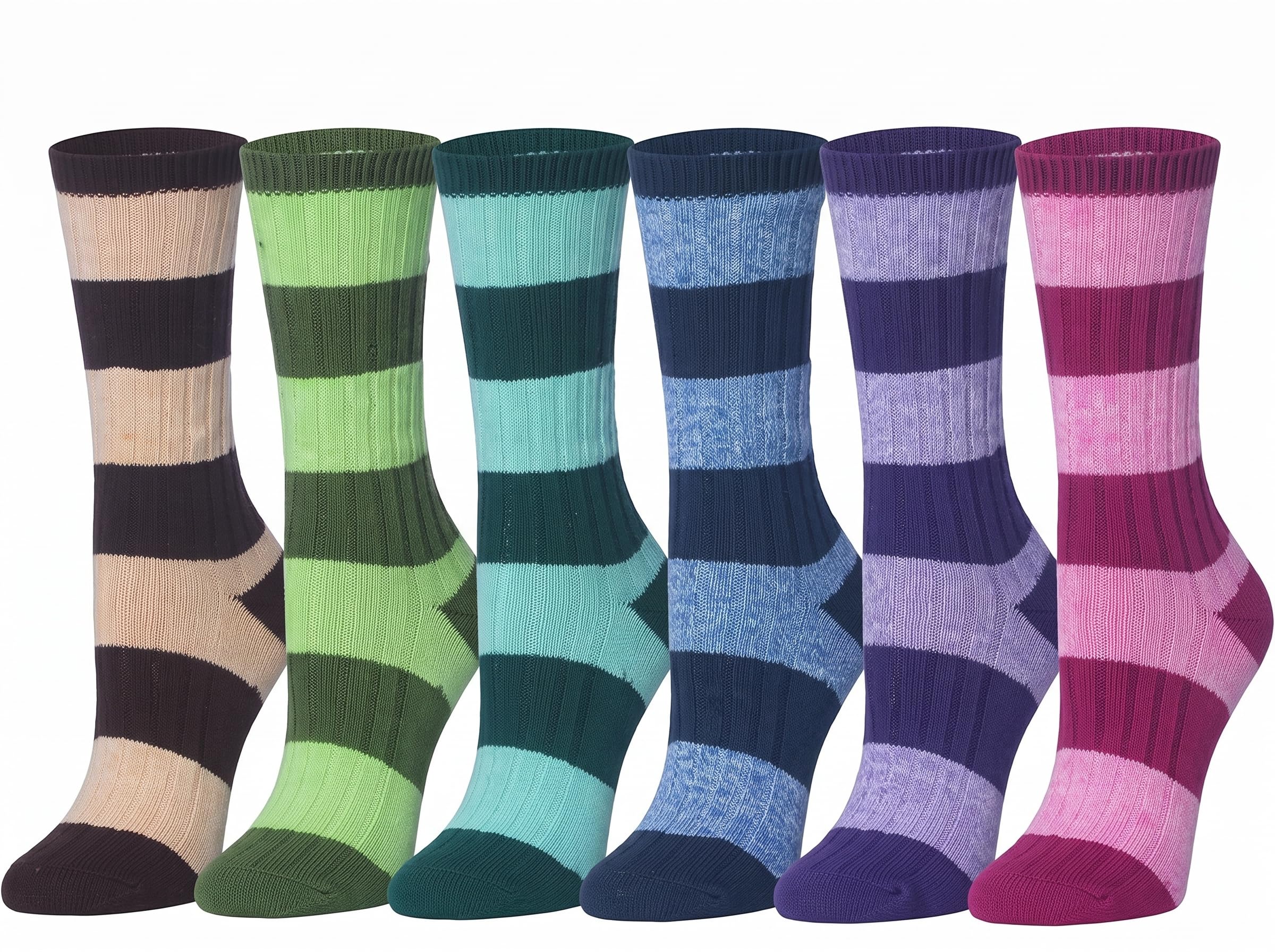 Six pairs of striped crew socks in different colorways, arranged side by side against a plain white background. The colors include dark brown and beige, green and lime green, teal and aqua, navy and blue, lavender and purple, and pink and magenta.