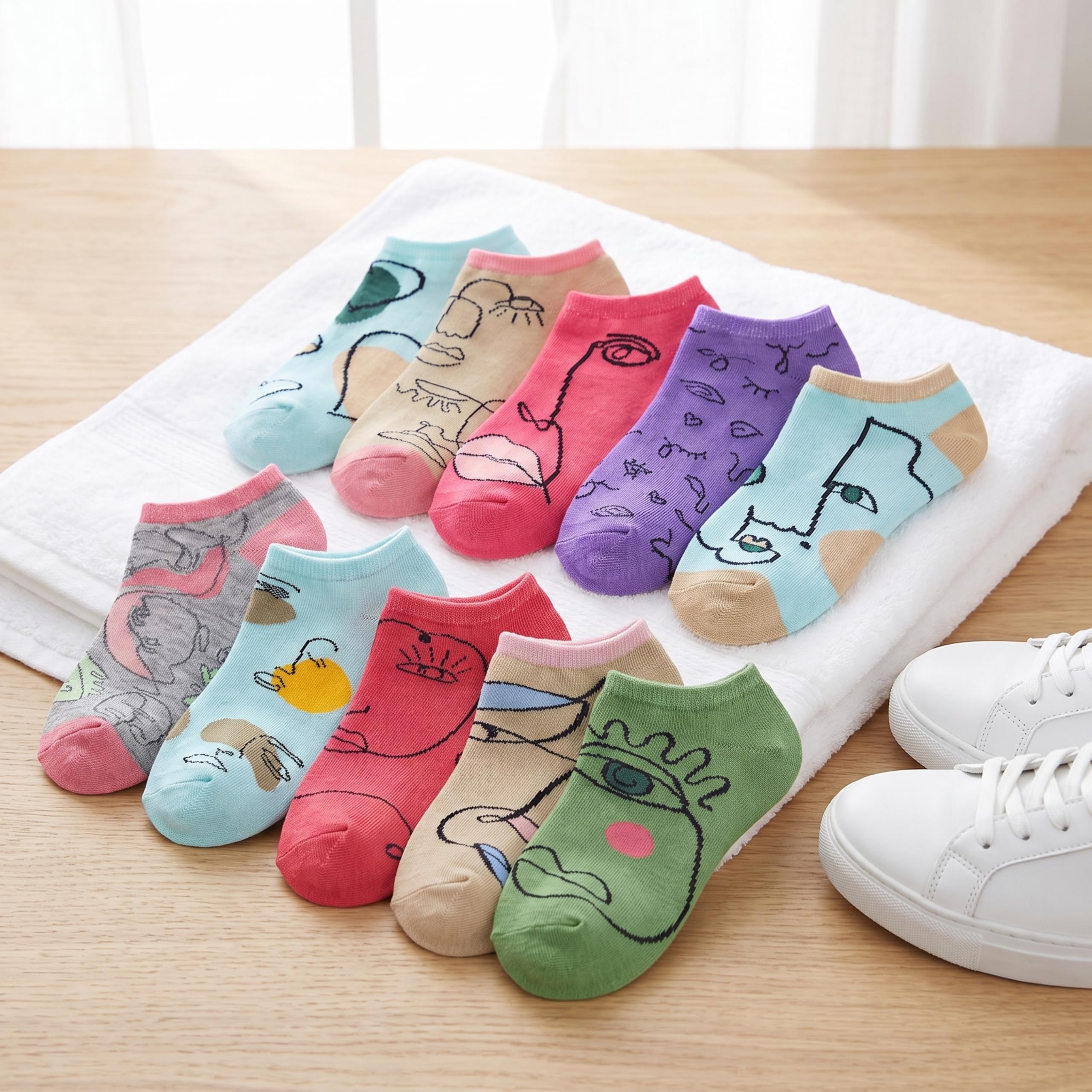 Eight pairs of low-cut ankle socks in assorted pastel and bright colors, each with a unique abstract face or body line-art print, arranged on a white towel over a light wood floor. A pair of white sneakers is partially visible at the lower right.