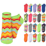 A set of colorful ankle socks shown on a plain white background, with two larger socks in the foreground and a grid of smaller color/style options on the right. The main socks feature a bright zigzag stripe pattern in neon green, orange, red, yellow, and light blue.