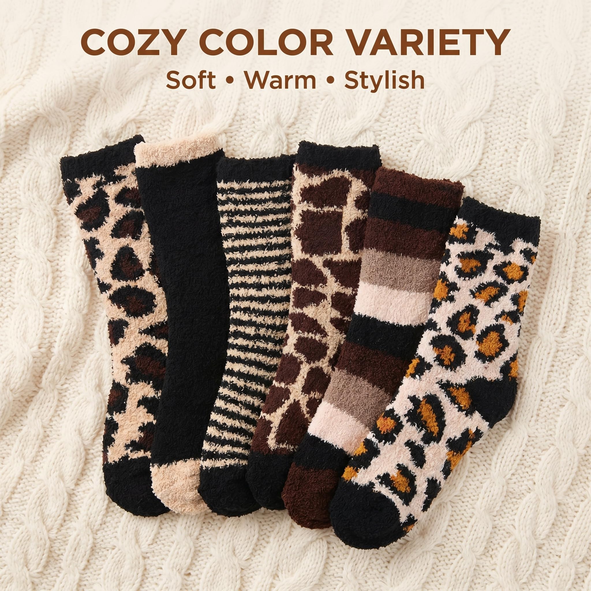 Set of patterned socks on a textured fabric background with text 'Cozy Color Variety'.