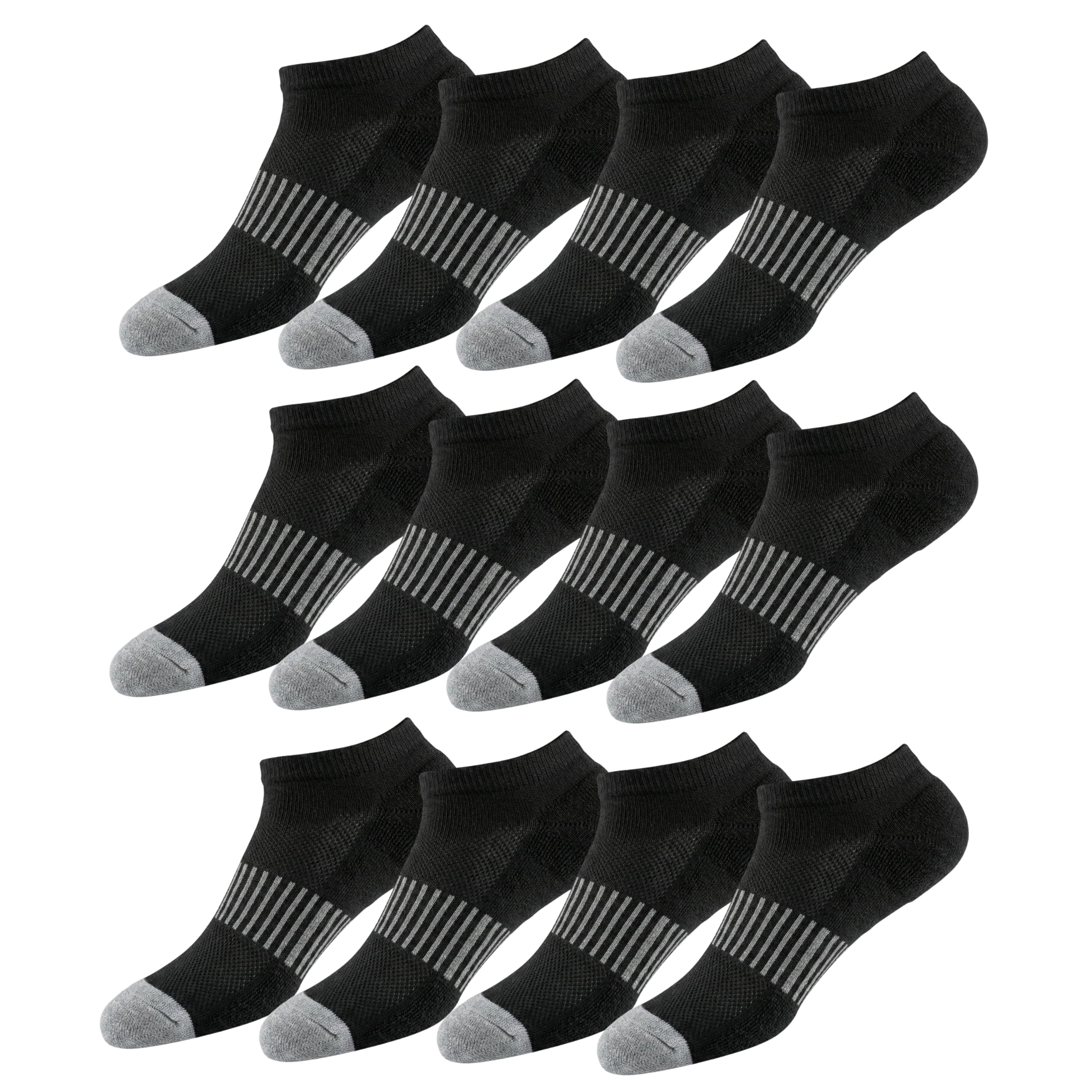Pack of black ankle socks with gray stripes and toes on a white background