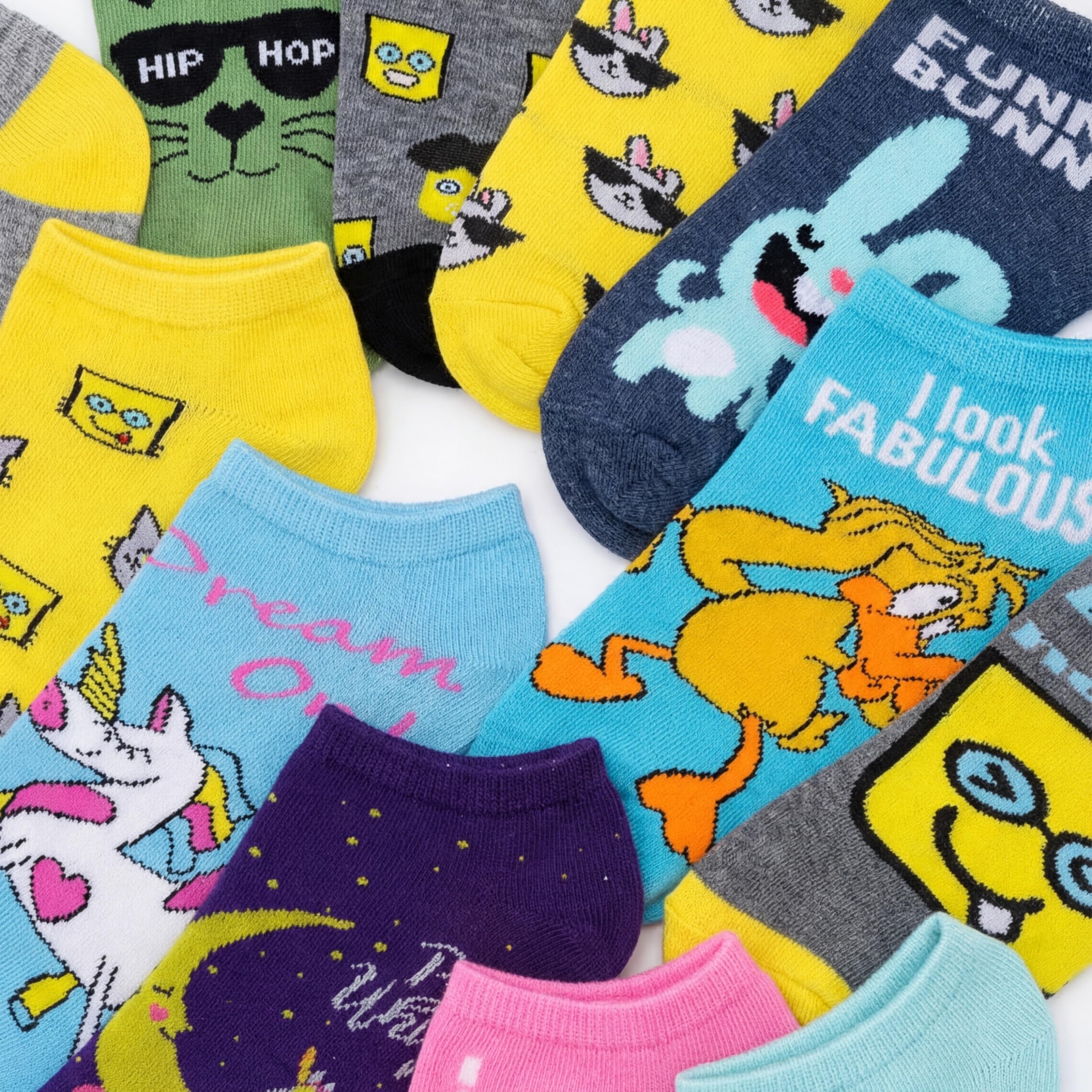 Collection of colorful socks with various designs on a white background