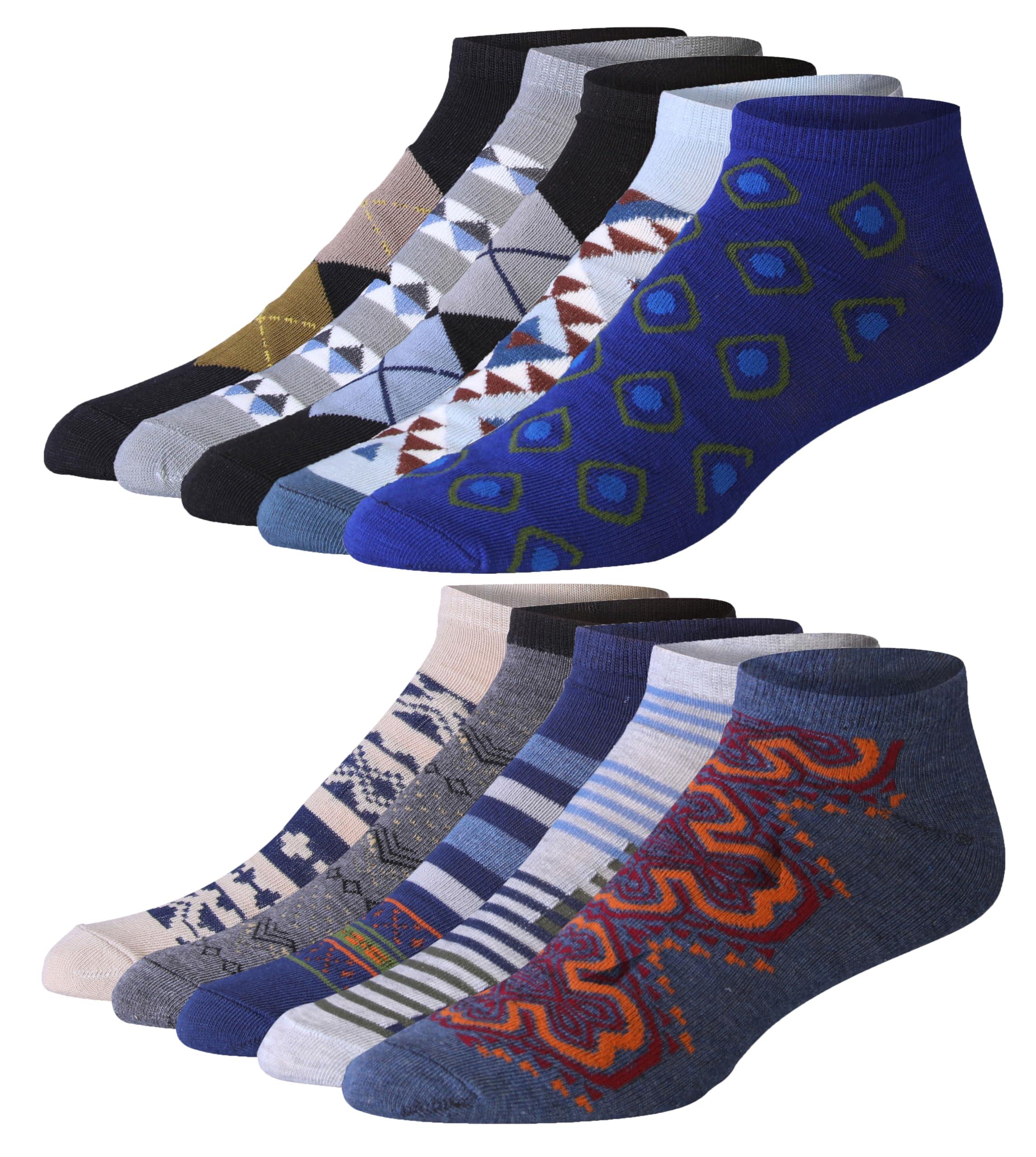  Men's 10 Pairs Classy Extra Lightweight Mosaic Mix Colorful Patterned Low Cut/No Show Socks - Socks