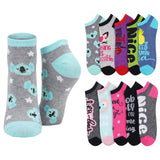 A set of low-cut ankle socks shown on a plain white background, with one pair featuring a gray body, light blue cuffs and heels, and a koala print, and a second pair arranged to the right showing multiple colorways with text and animal graphics.