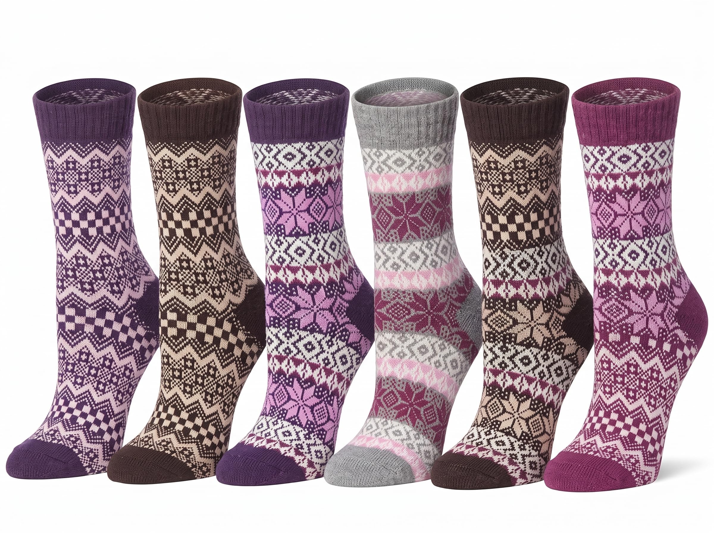 Six pairs of patterned crew socks arranged side by side on a white background. The socks feature Fair Isle style geometric and floral motifs in various colorways including purple, brown, pink, gray, and magenta.
