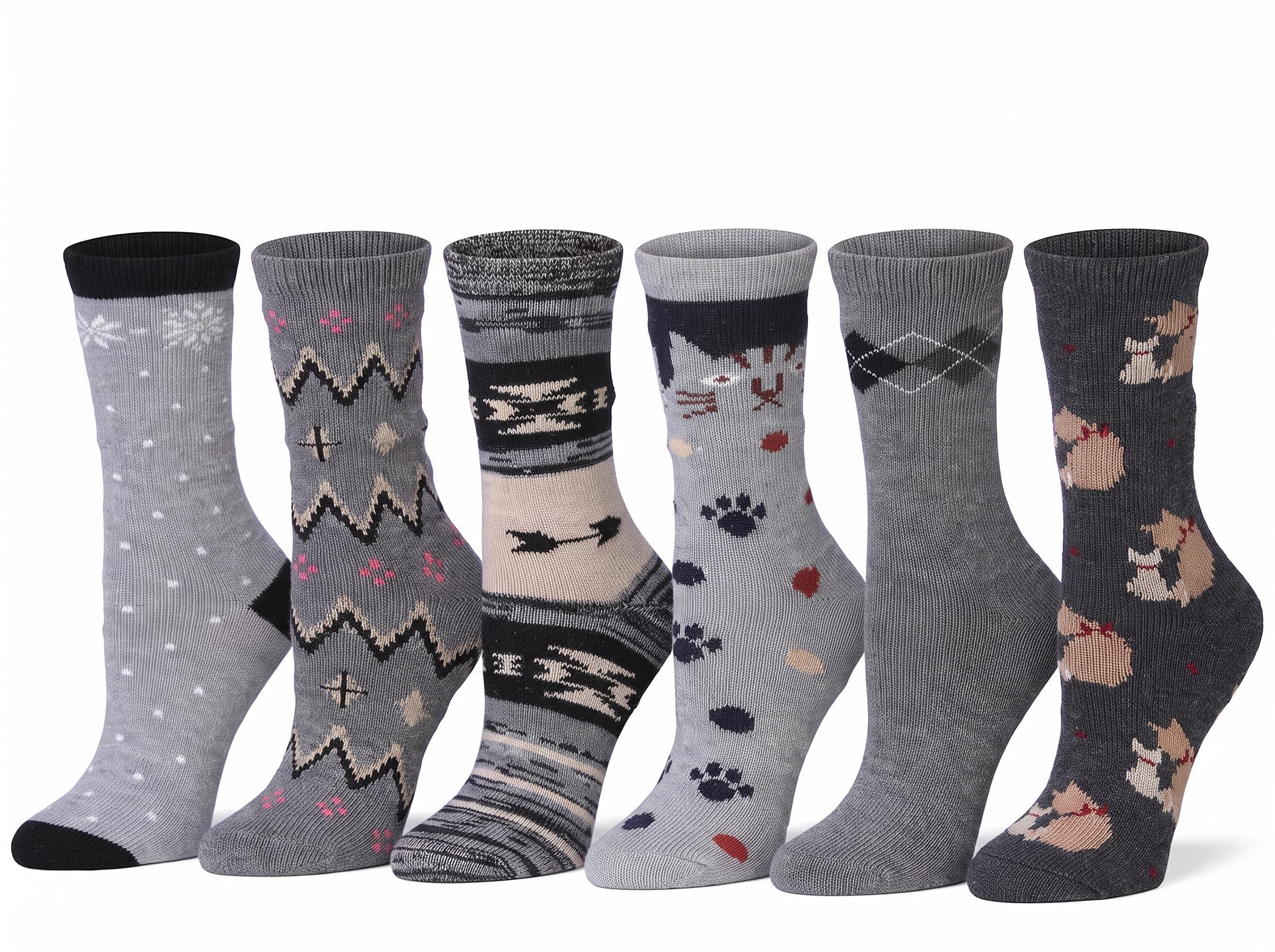 Six pairs of patterned crew socks displayed side by side against a plain white background. The socks feature various designs including snowflakes, geometric patterns, animal motifs, and argyle, in shades of gray, black, and beige.