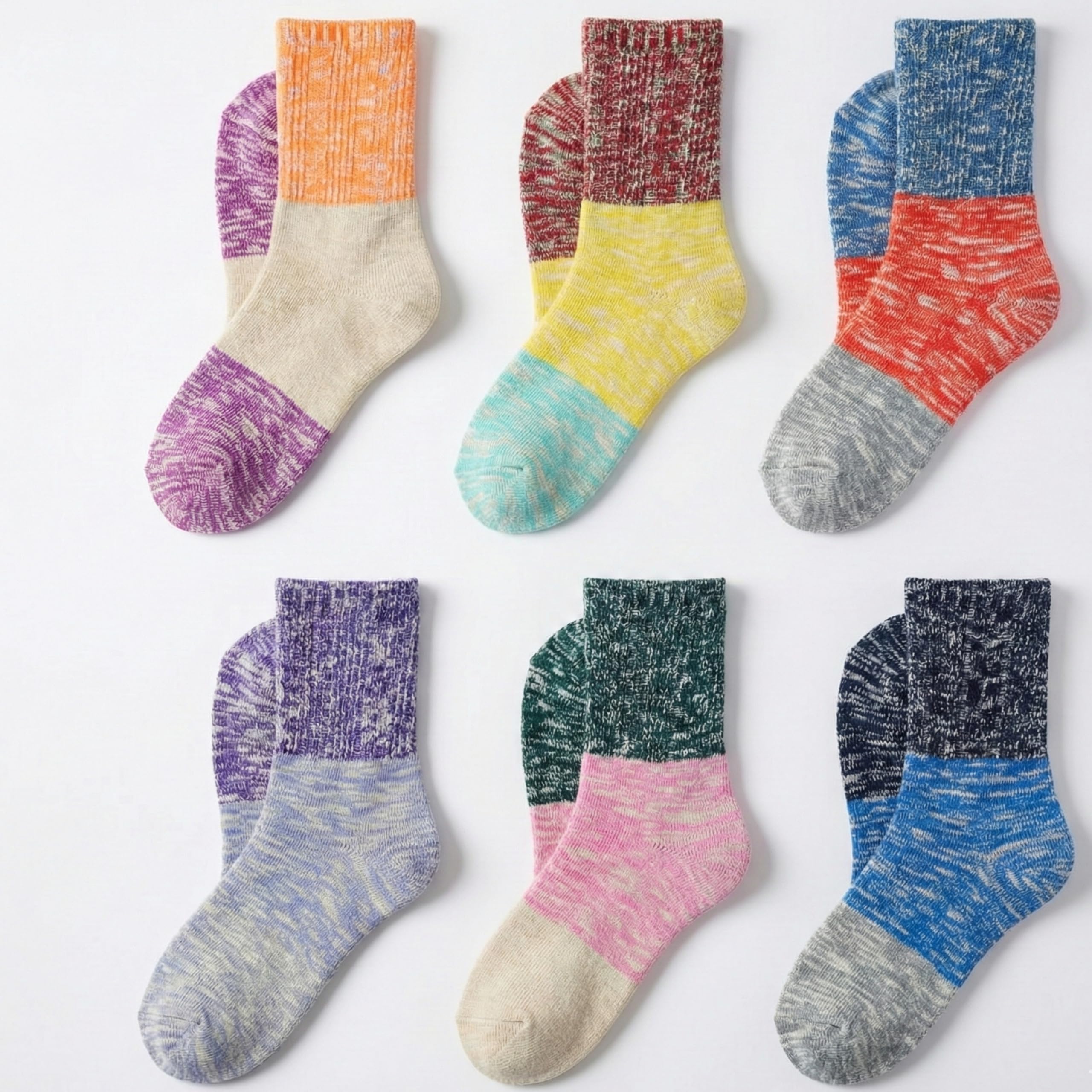 Six pairs of marled colorblock ankle socks arranged in a 2x3 grid on a white background. The socks feature distinct color blocks including orange, purple, yellow, red, blue, pink, green, and navy, with heathered knit textures.
