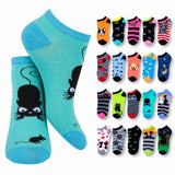 A pair of low-cut ankle socks in bright turquoise blue with a black cat and small mouse graphic, shown alongside a grid of multiple color and pattern variations featuring cats and paw prints.