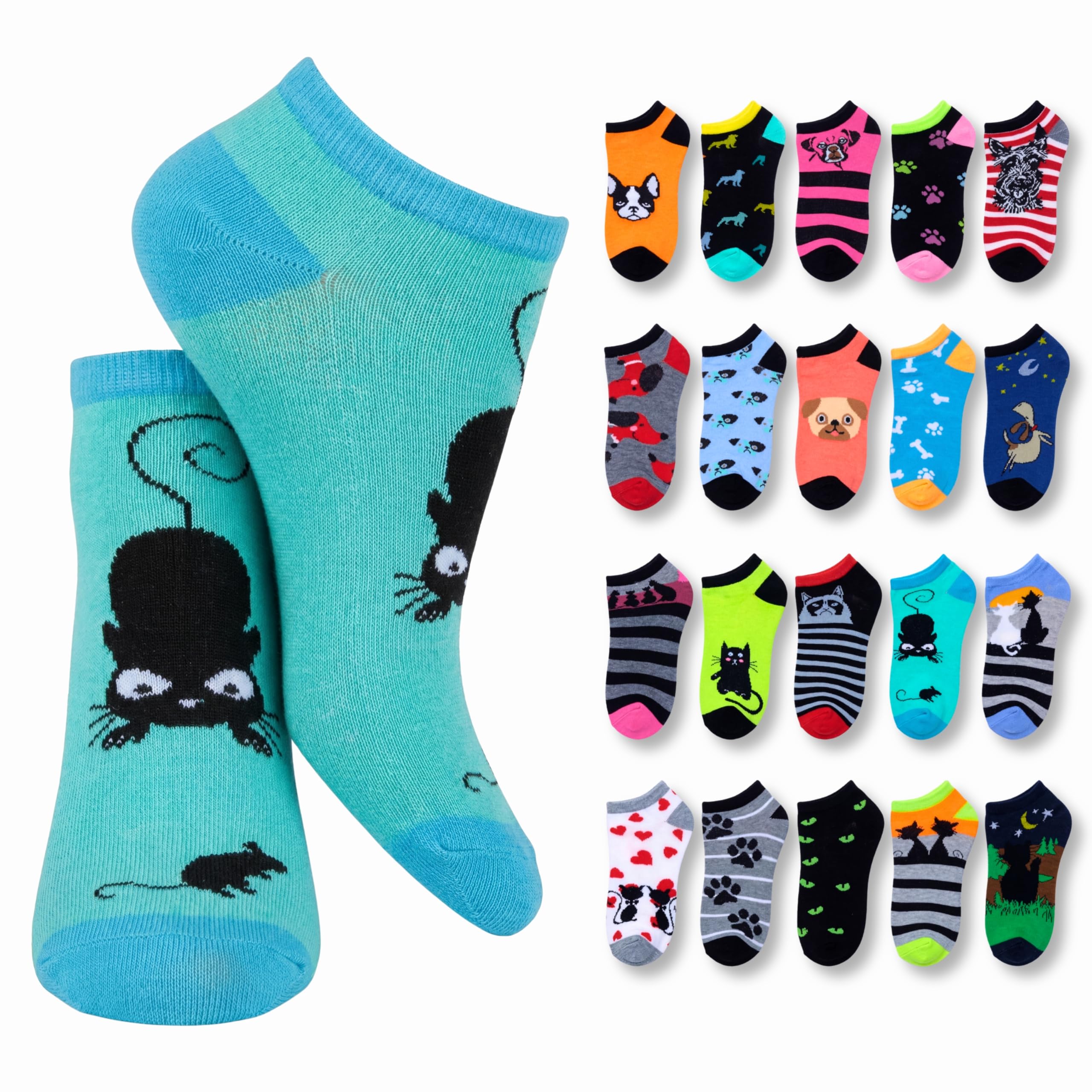 A pair of low-cut ankle socks in bright turquoise blue with a black cat and small mouse graphic, shown alongside a grid of multiple color and pattern variations featuring cats and paw prints.