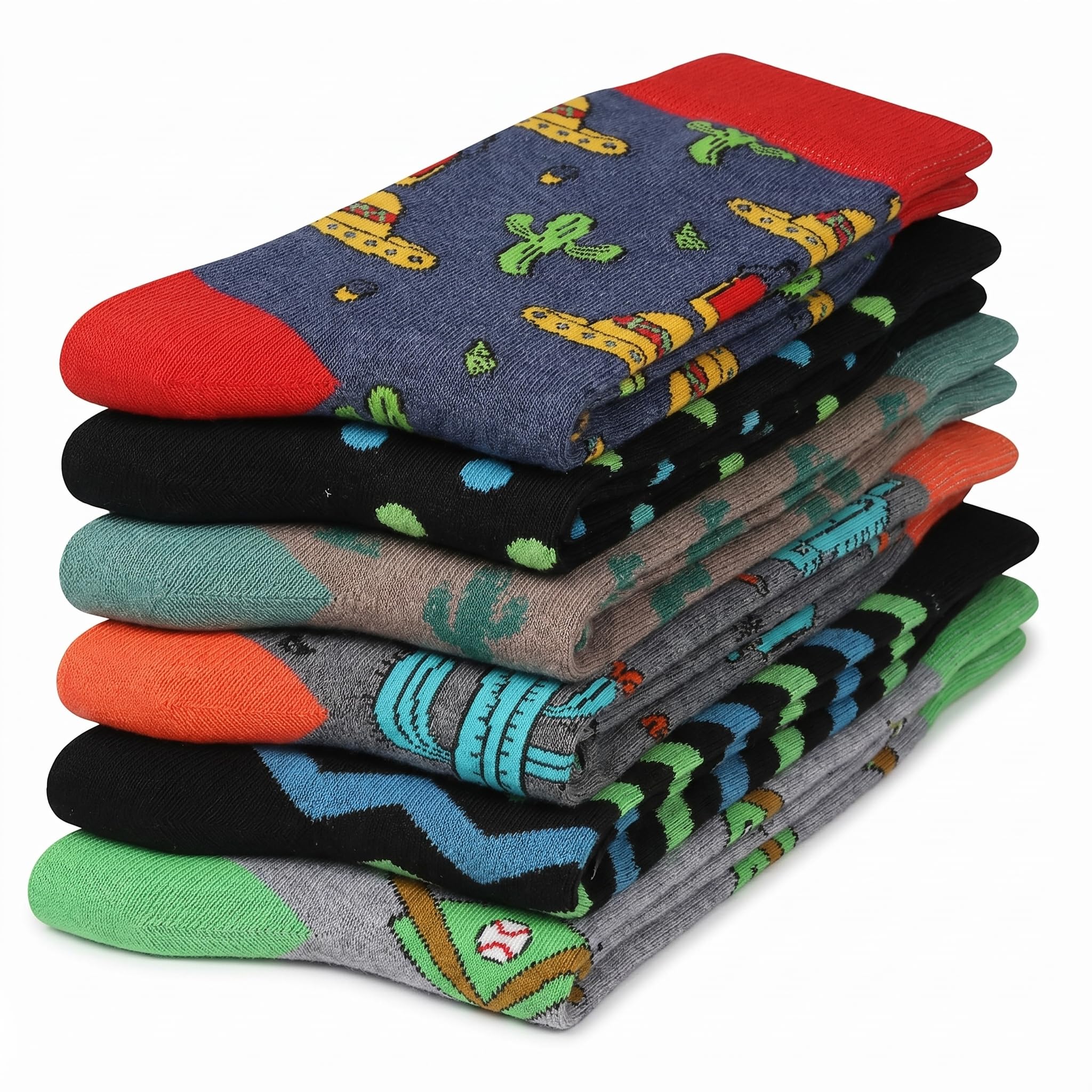 A stack of eight folded patterned socks on a plain white background, showing various colorful designs including cacti, stripes, and geometric patterns.