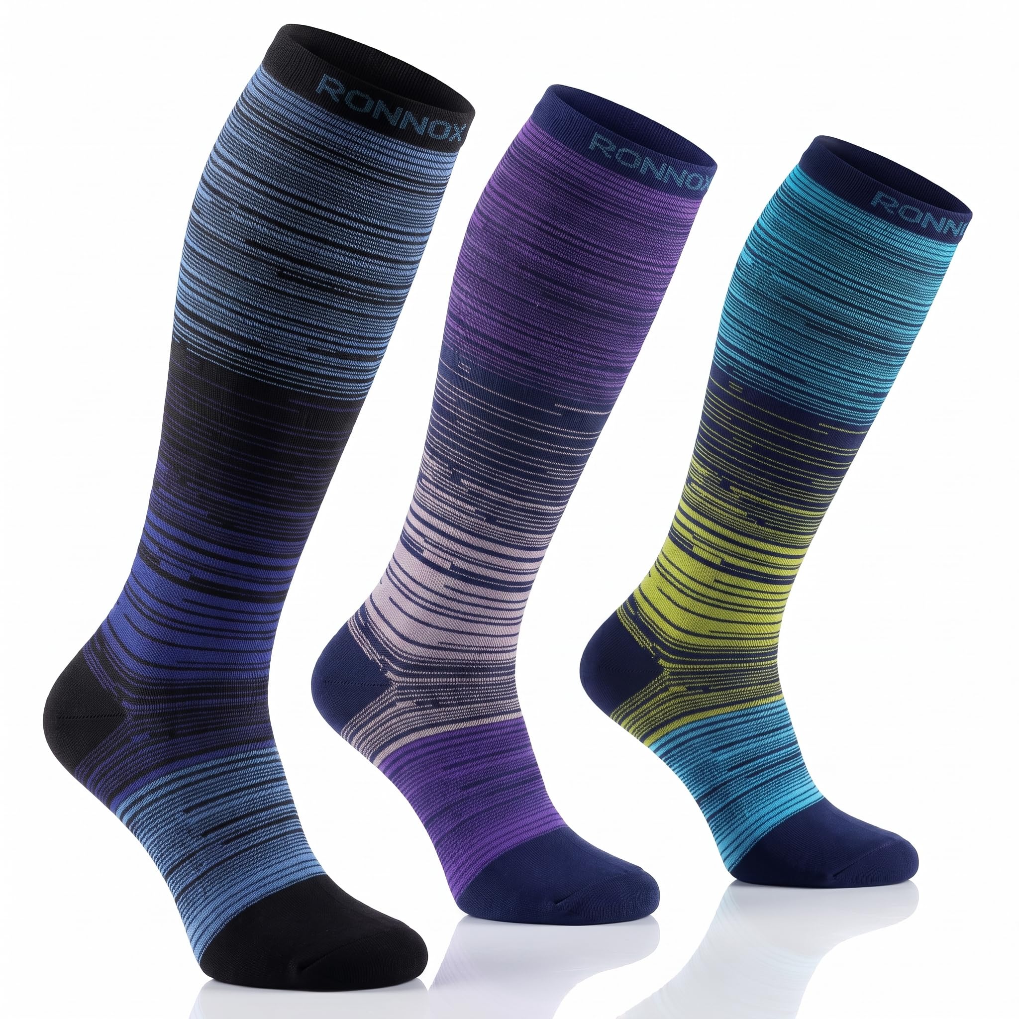 Three knee-high athletic socks with horizontal striped patterns in various colorways, displayed on a clean white background. The socks feature the brand name 'RONNIE' printed on the top cuff.