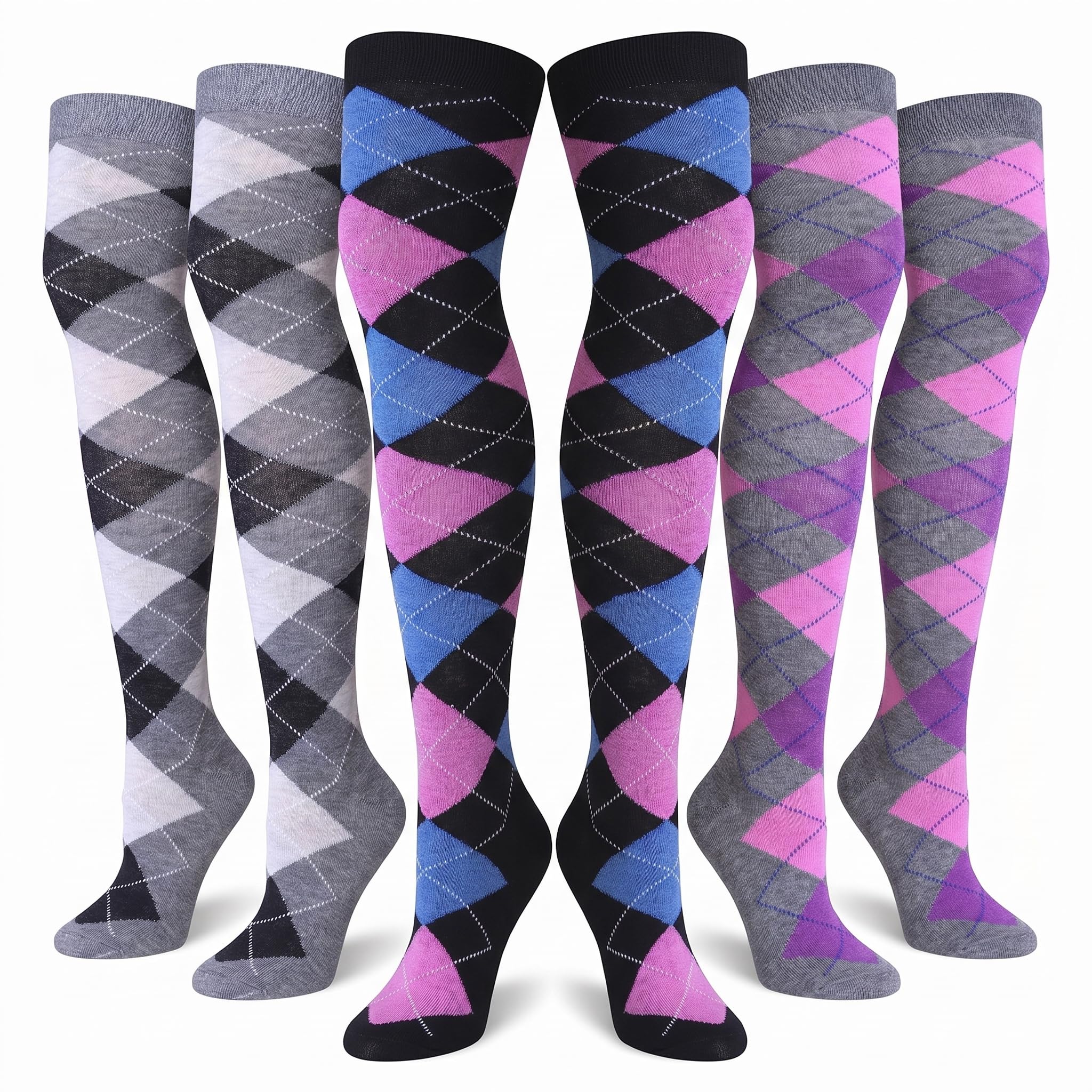 Six pairs of knee-high argyle socks displayed on invisible forms against a white background. The designs include gray, black, white, blue, pink, and purple argyle patterns.
