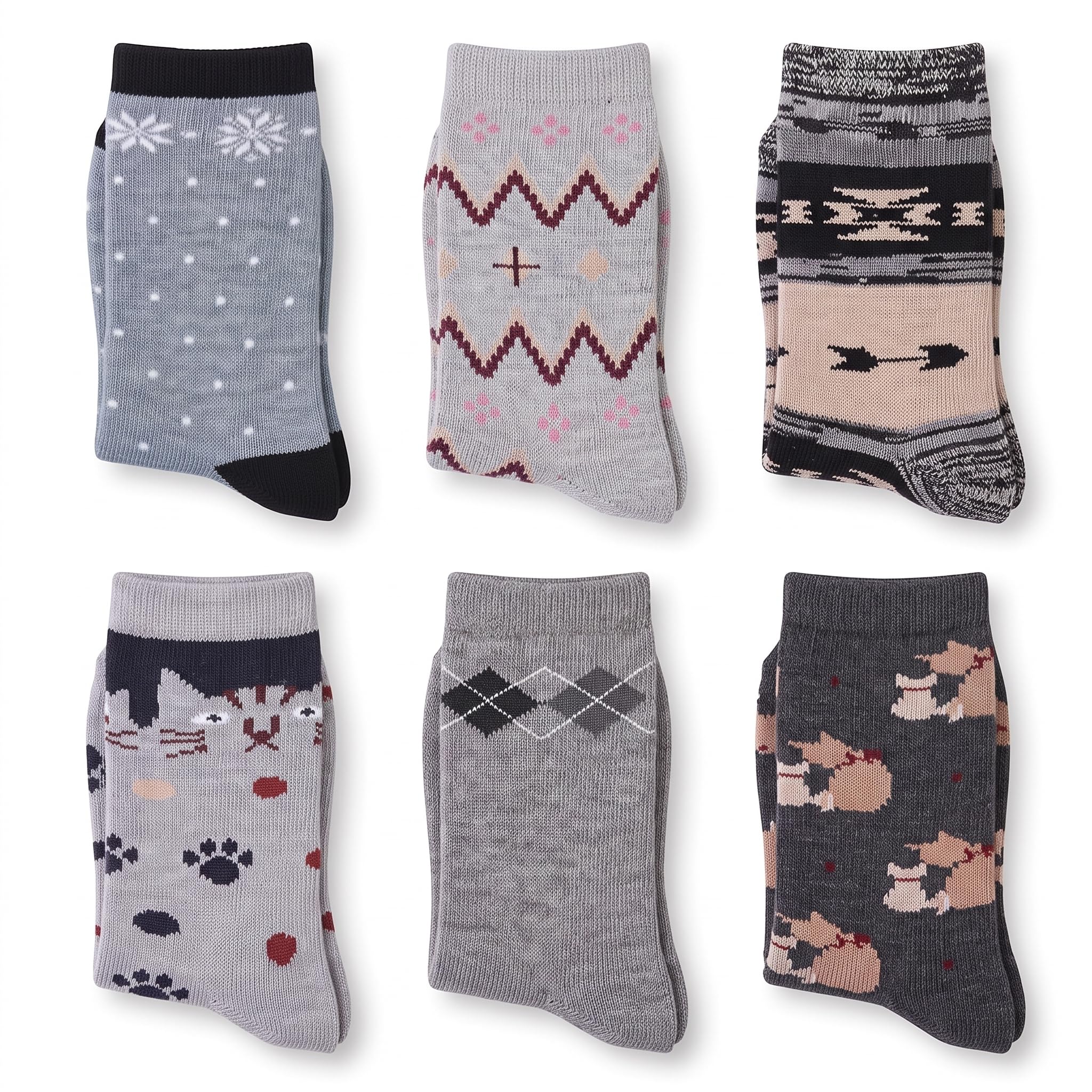 Six pairs of folded crew socks arranged in a 2x3 grid on a white background. The socks feature various patterns including snowflakes, zigzags, argyle, paw prints, and cartoon dogs in shades of gray, black, beige, and pink.