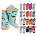 A set of low-cut ankle socks shown on a white background, featuring a large stylized face design on the front pair and a grid of smaller multicolor sock designs on the right. The socks include pastel and bright colors with cartoon and face illustrations.