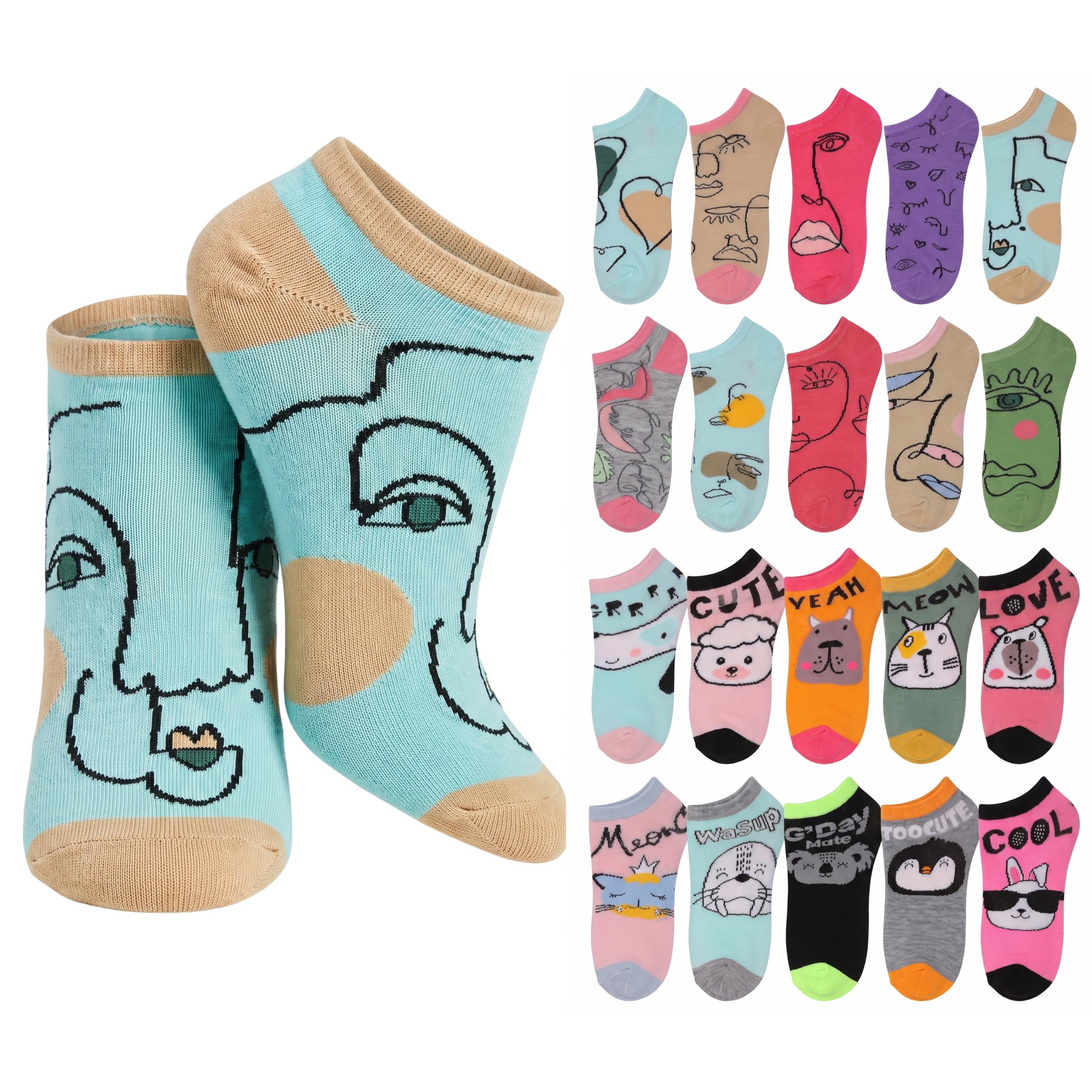 A set of low-cut ankle socks shown on a white background, featuring a large stylized face design on the front pair and a grid of smaller multicolor sock designs on the right. The socks include pastel and bright colors with cartoon and face illustrations.