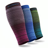 Three athletic compression calf sleeves with horizontal striped knit texture, shown in different colorways: a dark brown to magenta gradient, a blue to royal blue gradient, and a green to teal gradient. The brand name 'RONNOX' is printed in blue on the top cuff of each sleeve, set against a clean white background with soft drop shadows.