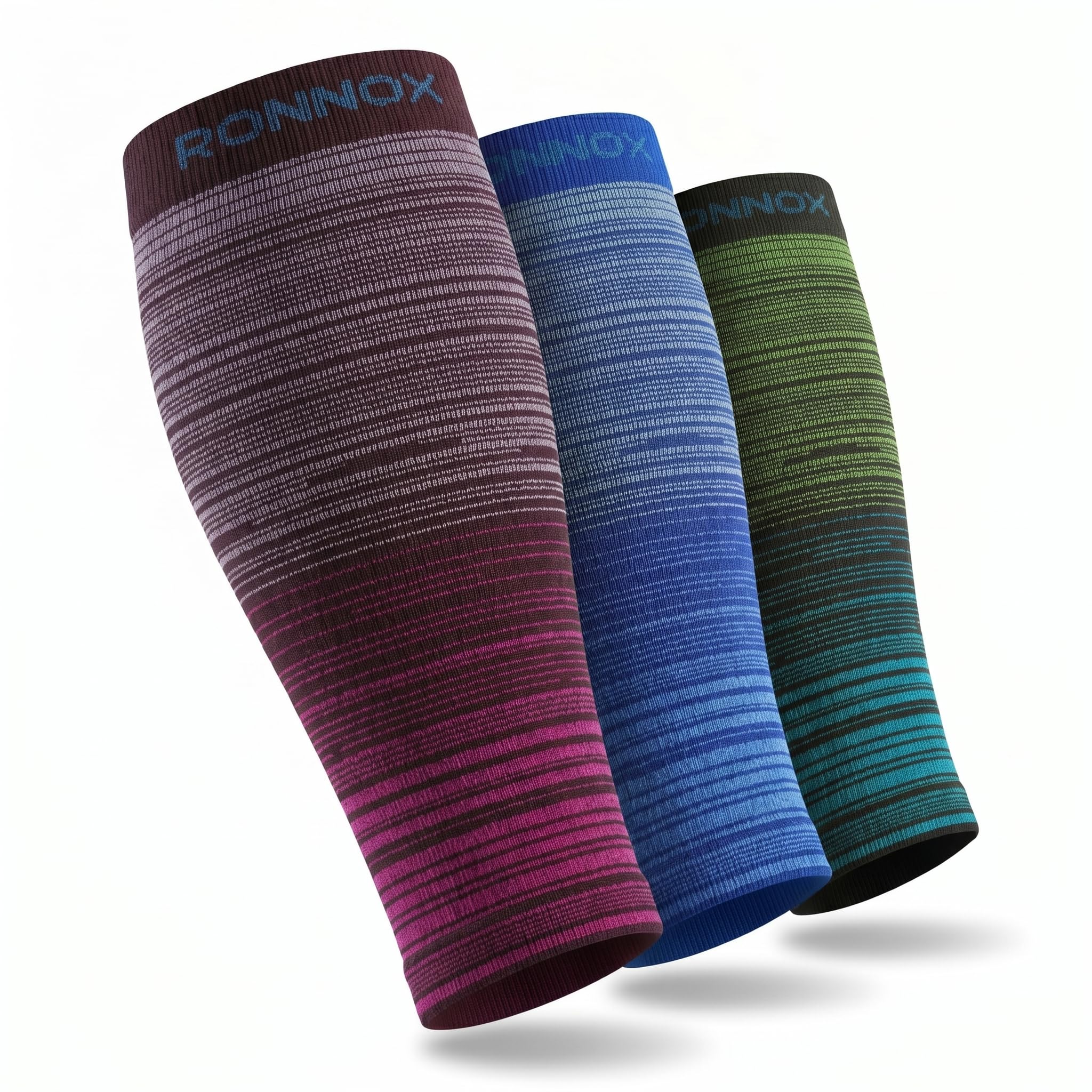 Three athletic compression calf sleeves with horizontal striped knit texture, shown in different colorways: a dark brown to magenta gradient, a blue to royal blue gradient, and a green to teal gradient. The brand name 'RONNOX' is printed in blue on the top cuff of each sleeve, set against a clean white background with soft drop shadows.