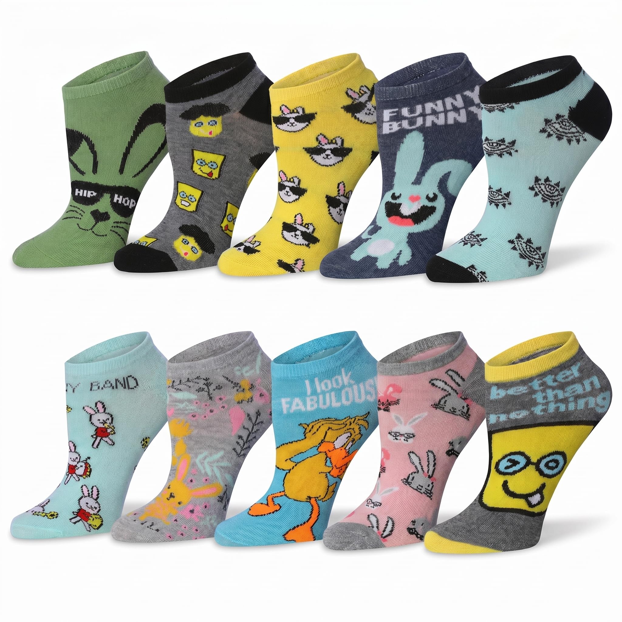 Ten pairs of low-cut ankle socks in assorted colors and cartoon bunny-themed designs, arranged in two rows on a white background.