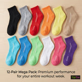 Row of colorful socks in various sizes on a beige background with TipiToe branding.