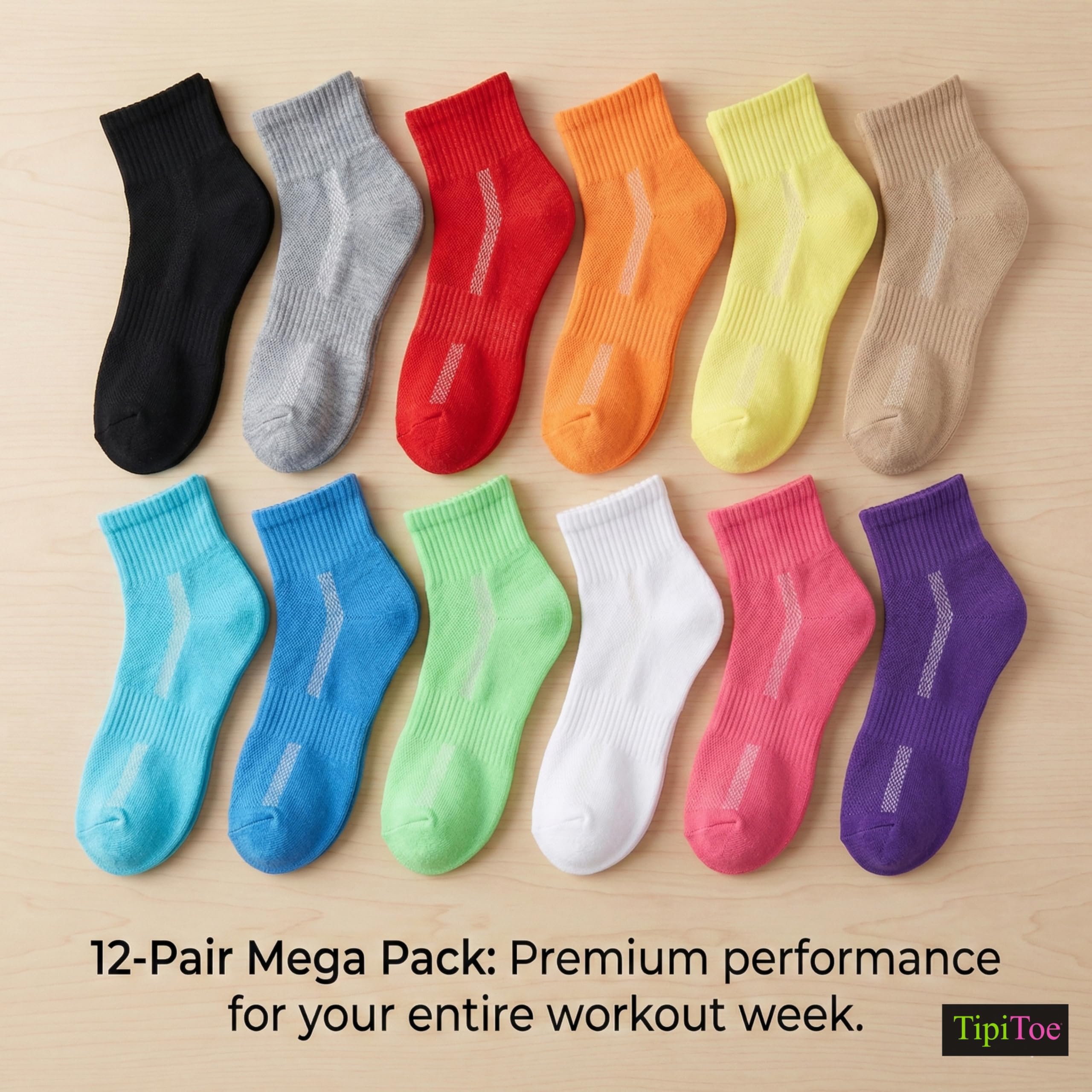 Row of colorful socks in various sizes on a beige background with TipiToe branding.