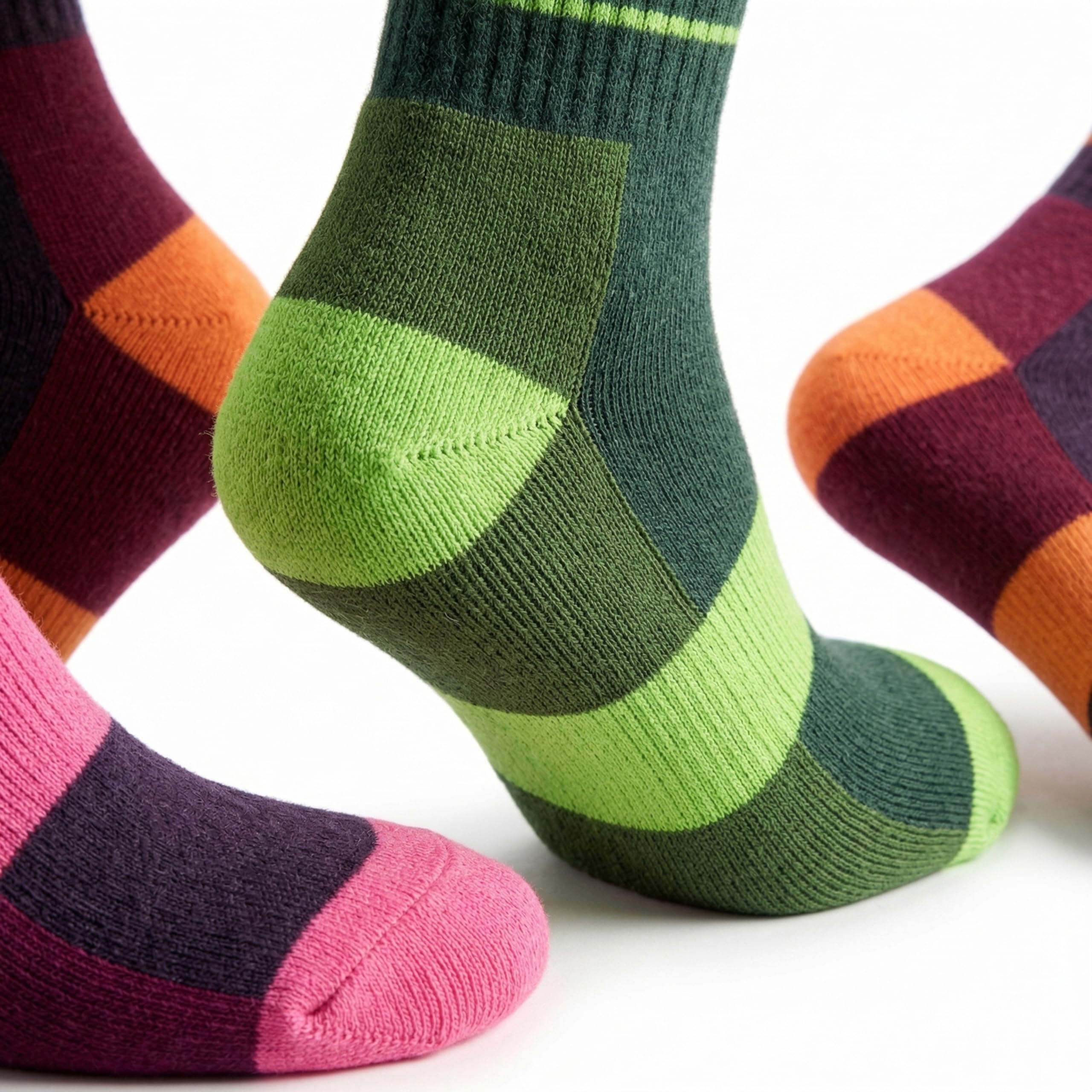 Colorful socks with green, pink, and orange patterns on a white background