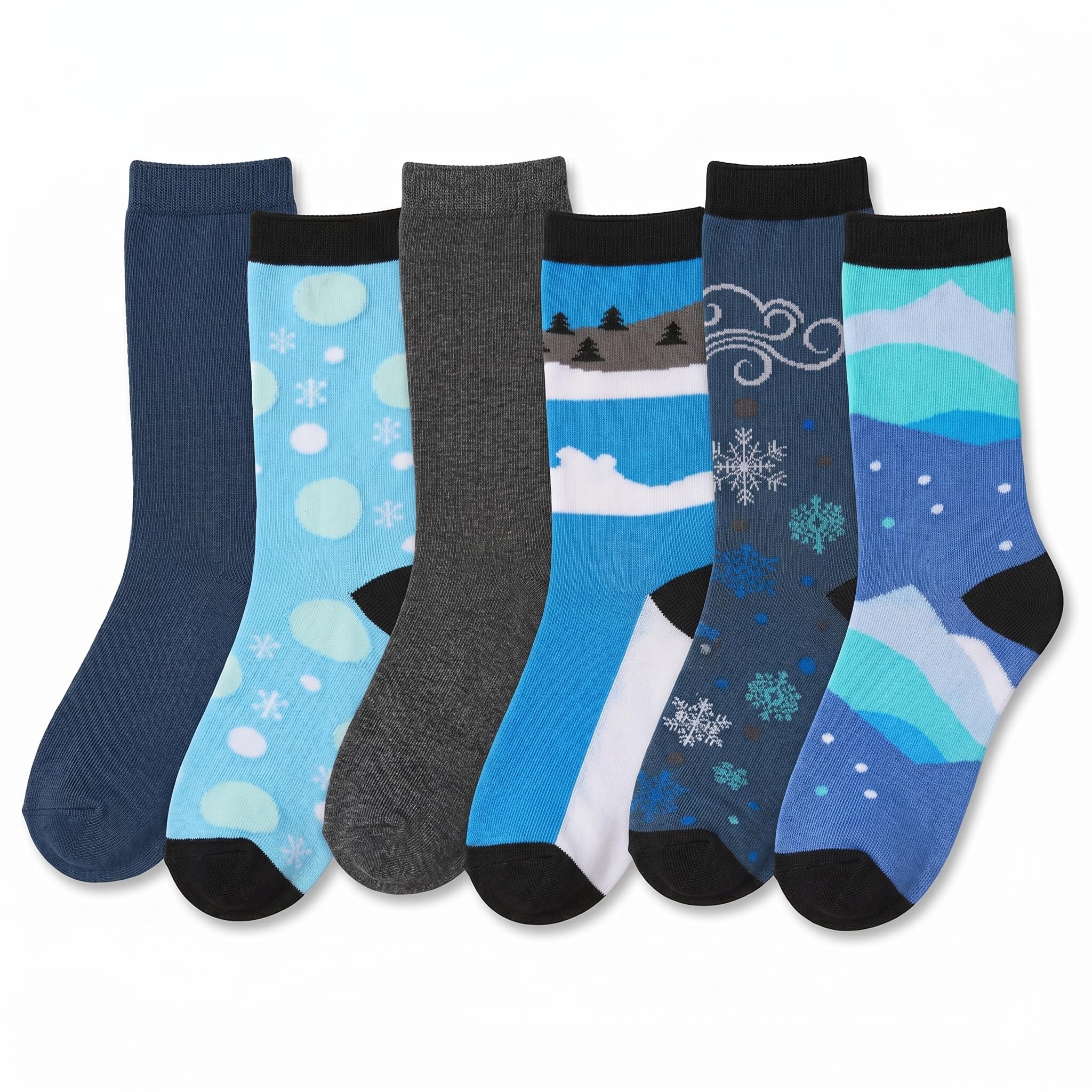 Six pairs of children's crew socks arranged in a fan shape on a white background. The socks feature various winter-themed patterns including snowflakes, snow caps, and mountain landscapes in shades of blue, gray, and black.