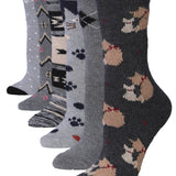 Tipi Toe 6-Pairs Women's Extra Warm Wool-Blend Grey Tone Dots Zigzags Paws Patterned Crew Boot Socks