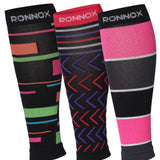 Tipi Toe Unisex 3-Pairs Bright Colored Contrasting Geometry Patterned Calf Compression Tube Sleeves 12-14 mmHg Great for Athletic & Medical Use