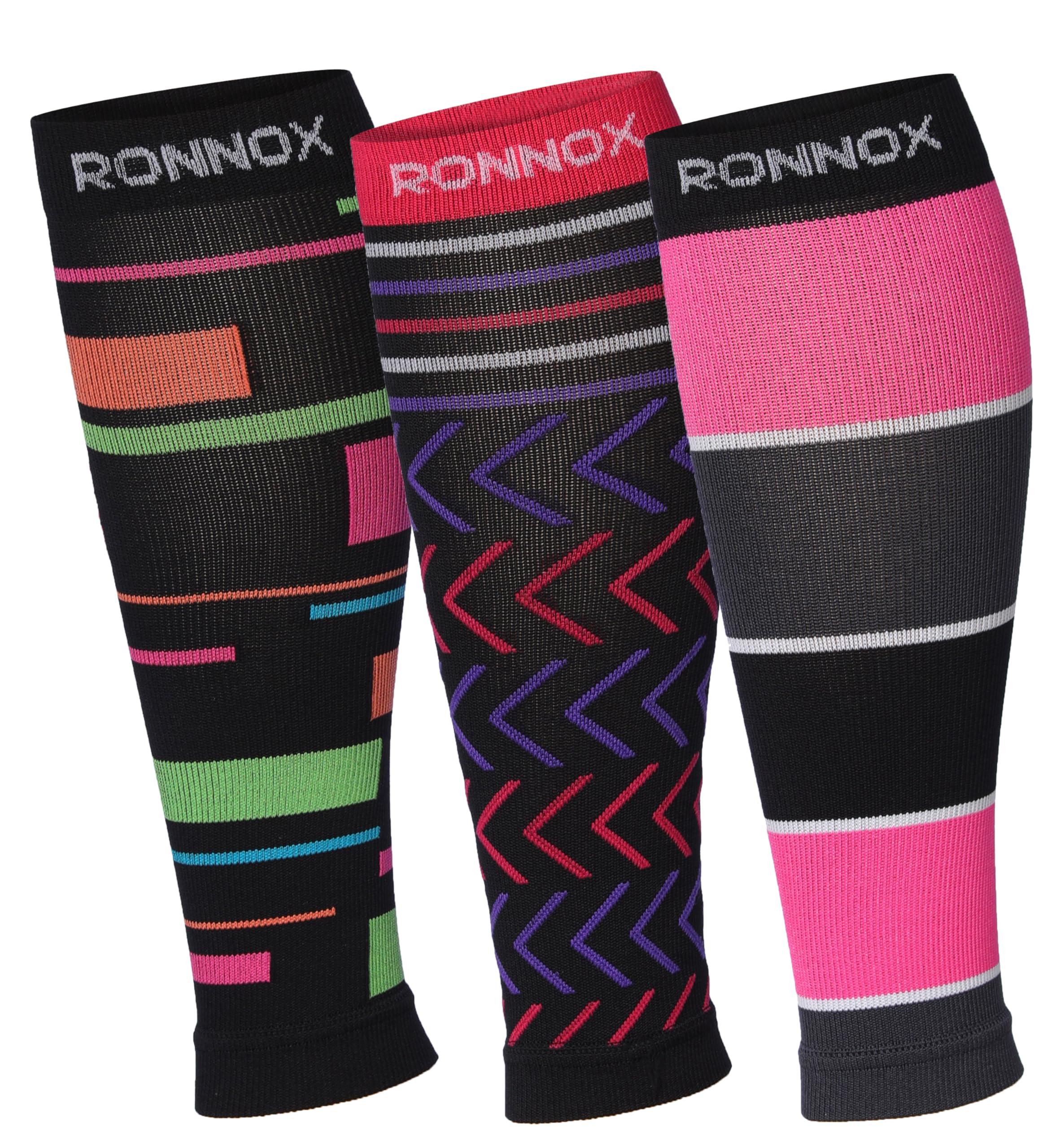  Unisex 3-Pairs Bright Colored Contrasting Geometry Patterned Calf Compression Tube Sleeves 12-14 mmHg Great for Athletic & Medical Use -  Socks